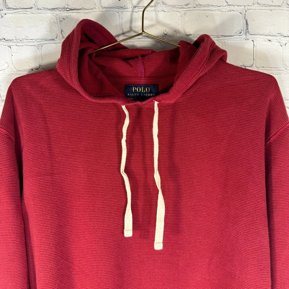 Polo Ralph Lauren Mens Red Waffle Knit Thermal Hoodie Striped Cuffs Large